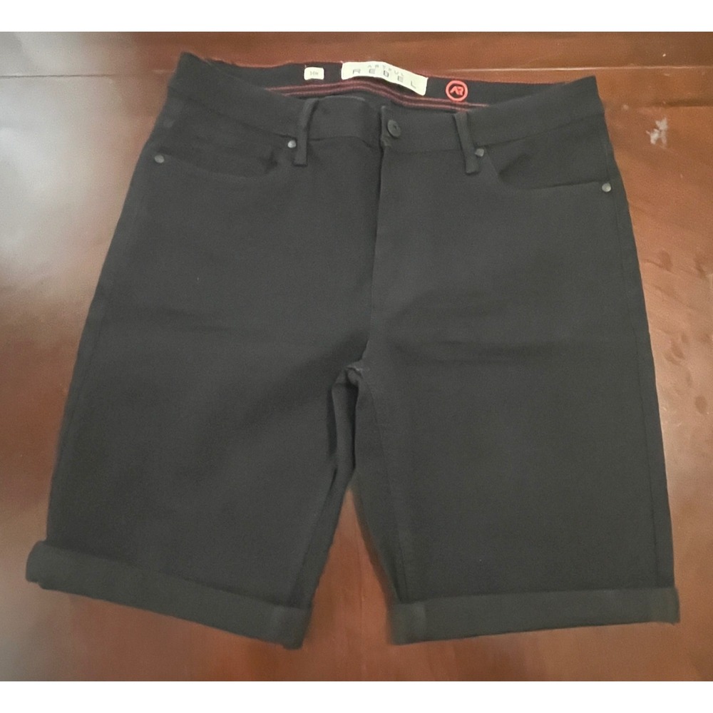 Artful Rebel Mens Black Denim Shorts Size 34 Stretch Rolled Cuff Skater EUC